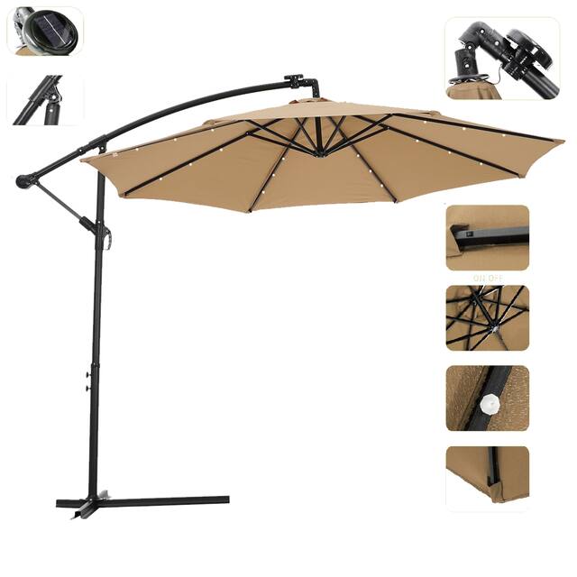 10 FT Solar LED Patio Outdoor Umbrella Hanging Cantilever Umbrella Offset Umbrella Easy Open Adustment with 24 LED Lights
