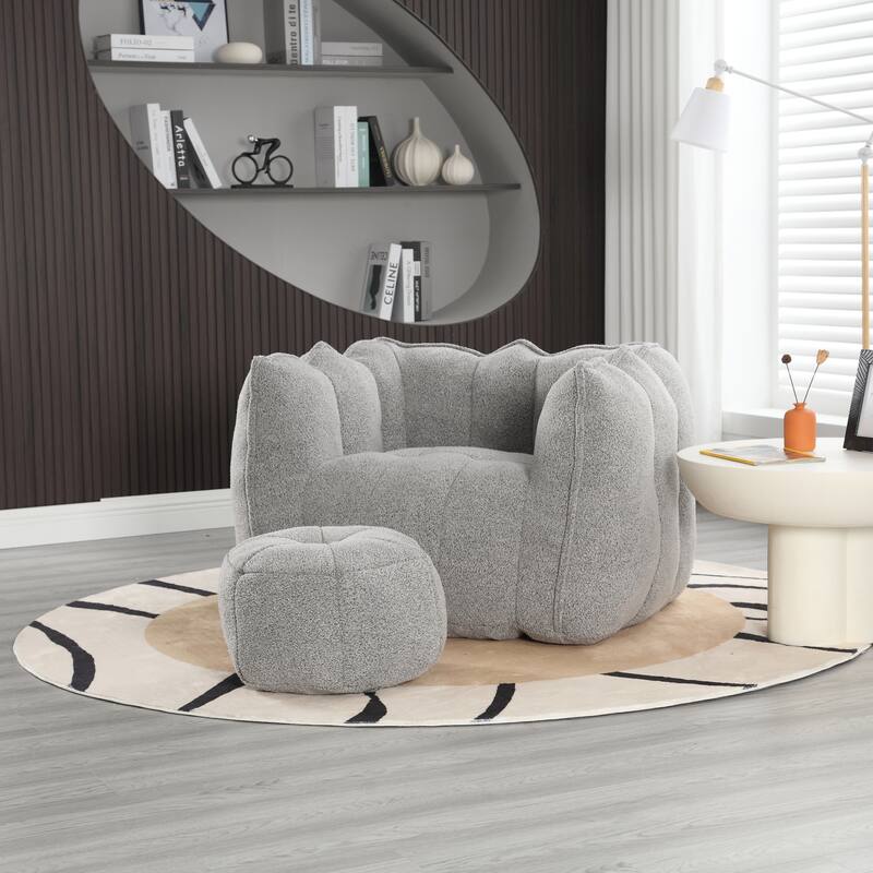 Grey Modern 42.5" Chenille Upholstered Buttons Tufted Accent Chair with Ottoman for Living Room
