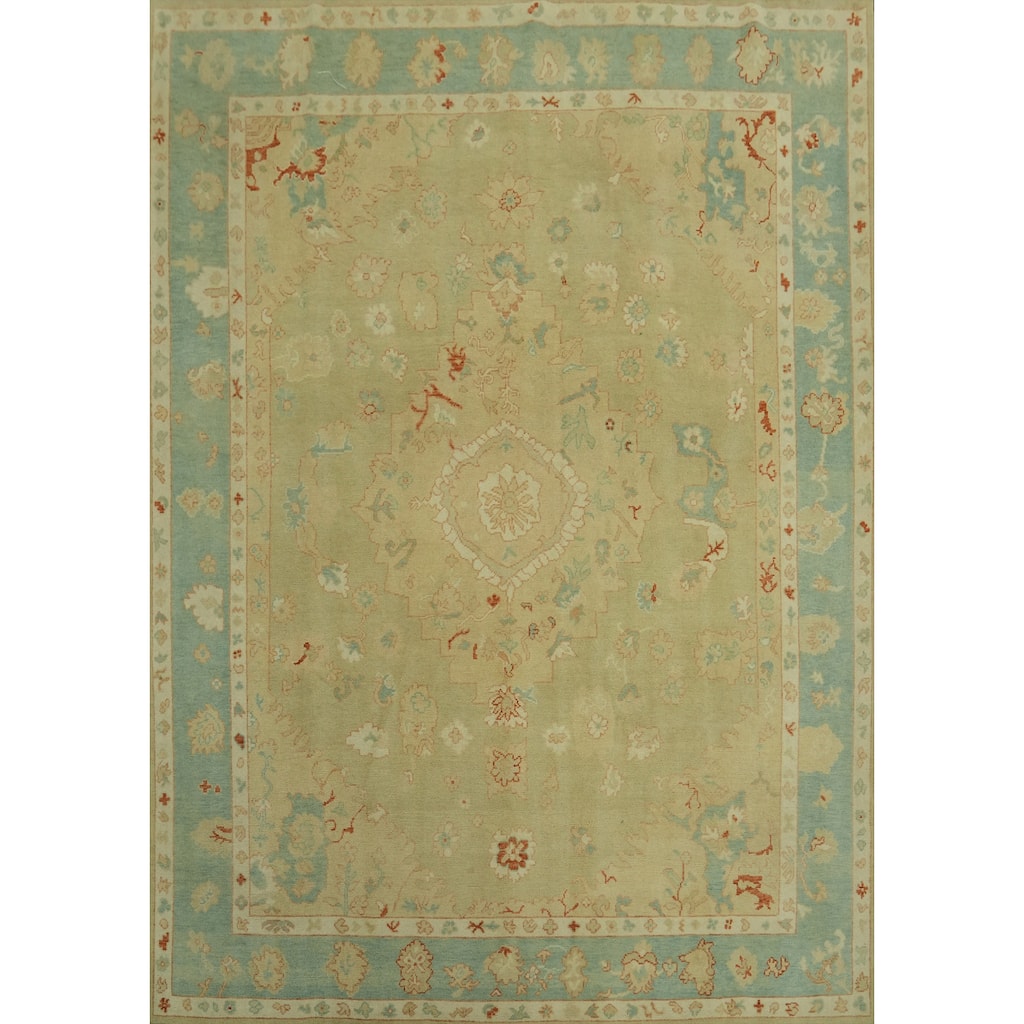 Handmade Wool Oushak Turkish Area Rug, Floral Geometric Carpet - 9' 10'' X 8' 0''