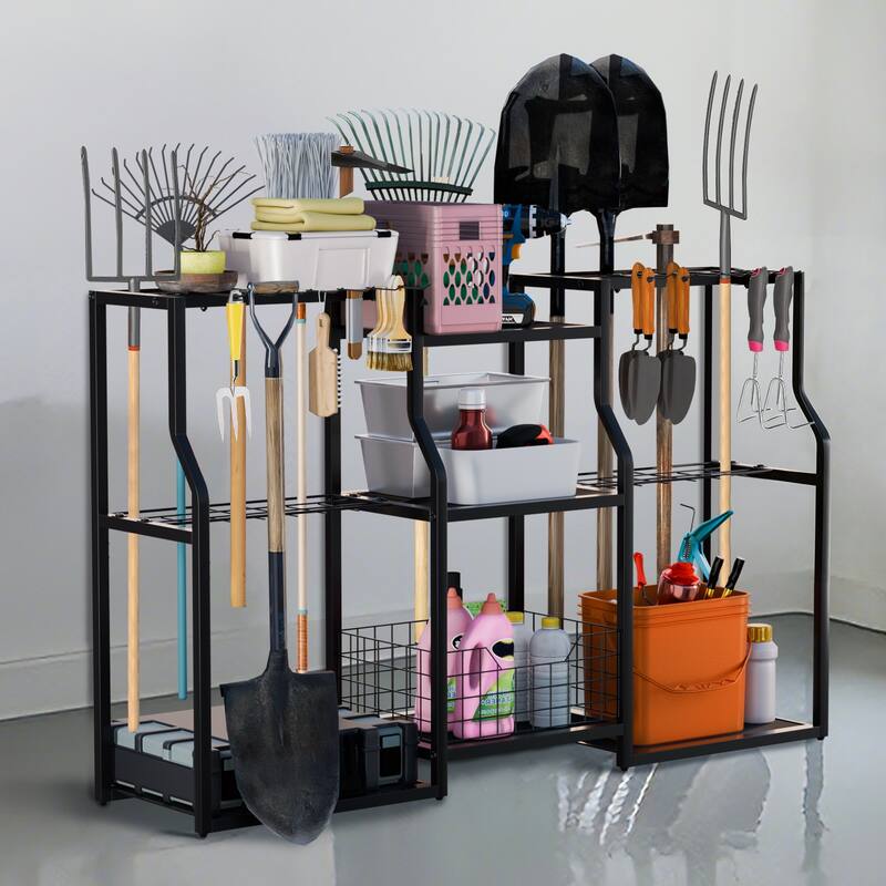 Garden Tool Organizer Stand Organization Yard Tool Racks with wheels - Black 92x40x95cm