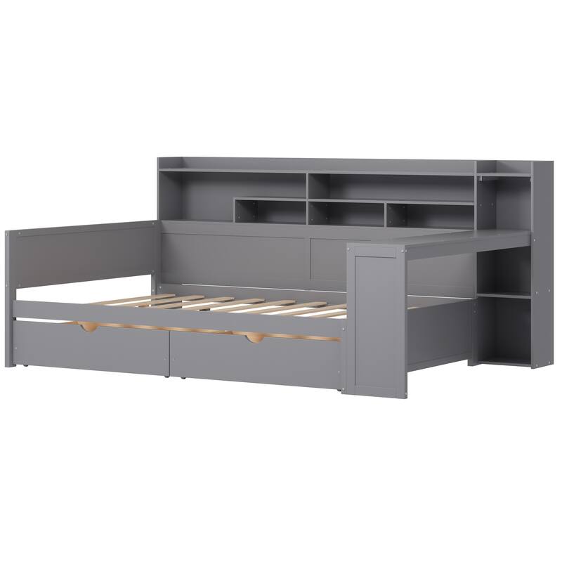 Wooden Full Daybed with Storage Shelves, Multi-functional Bed with Two Storage Drawers and Study Desk