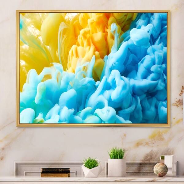 Designart "Yellow And Blue Fluid Ink Art" Modern Framed Canvas artwork