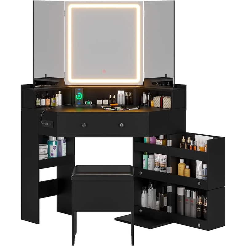 Corner Vanity Desk with Lighted Mirror Drawers Shelves Storage Stool