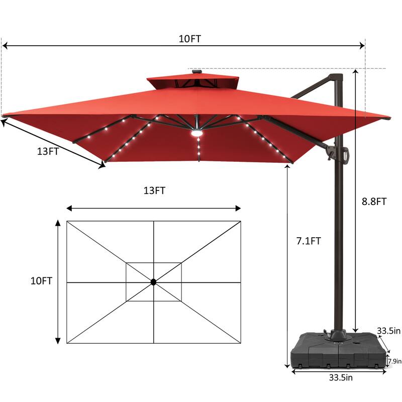 10 X 13 FT Outdoor Patio Cantilever Umbrella with Solar Lights Wheeled Base Double Canopy 360 Rotation Tilt