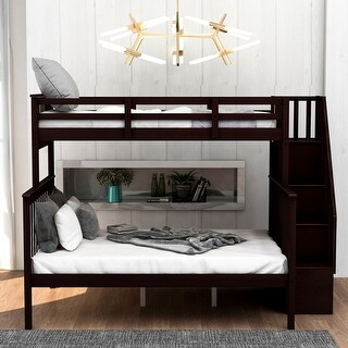 Space-Saving Stairway Twin over Full Bunk Bed with Storage & Guard Rails