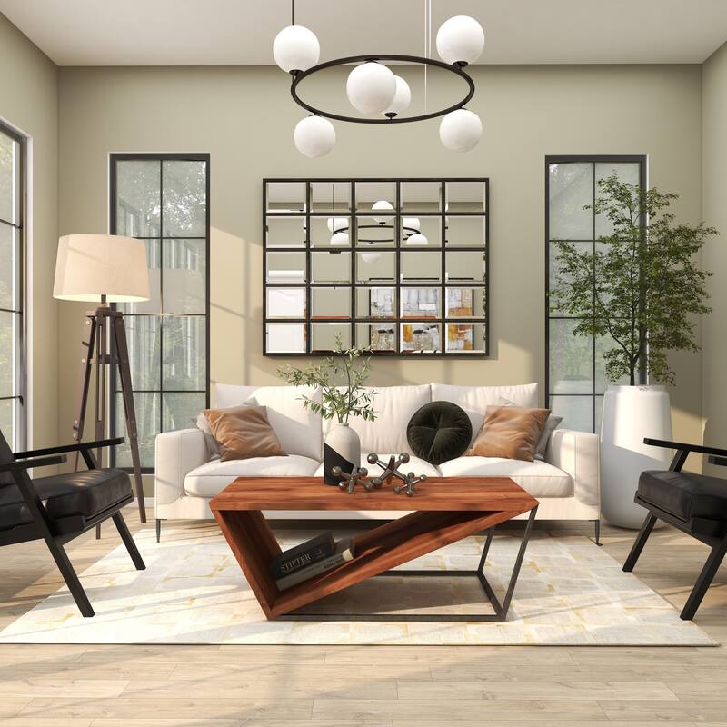 Brown Wood Diagonal Open Frame Living Room Coffee Table with Gray Metal Base