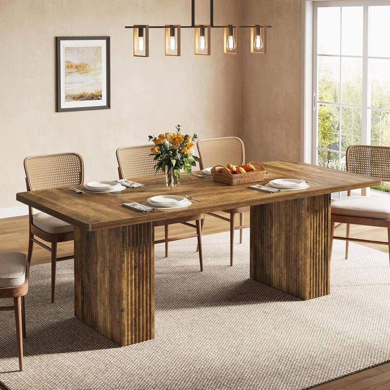 70.1'' Farmhouse Dining Table, Rustic Rectangle Wood Kitchen Table with Fluted Pedestal Base - Brown