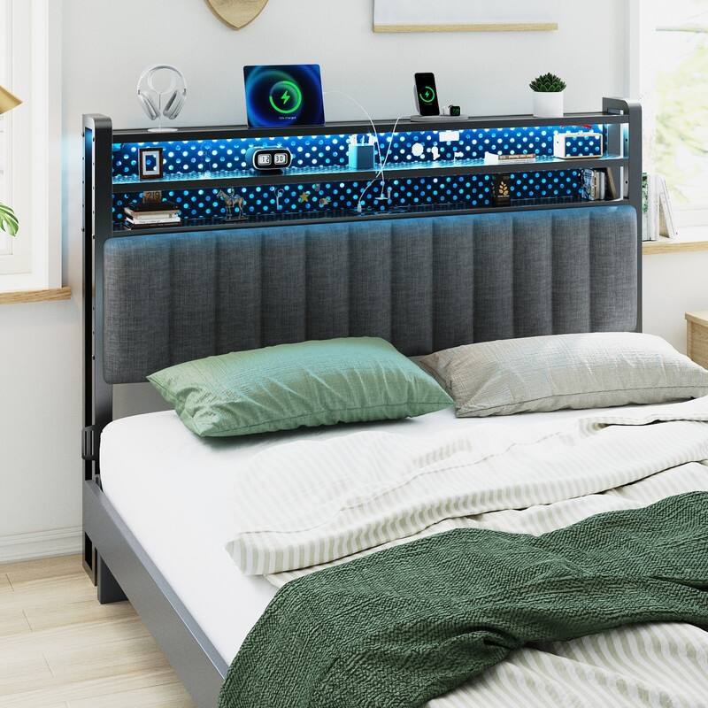 Adjustable Upholstered Headboard with 3 Tier Shelves with Charging Stations and LED Lights, Modern Bed Headboard with Storage - Linen and dark gray - King