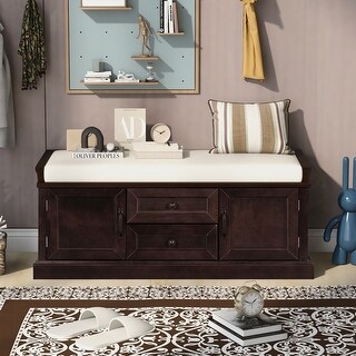 Espresso Solid Wood Entryway 2-Drawer Storage Bench with Removable Cushion