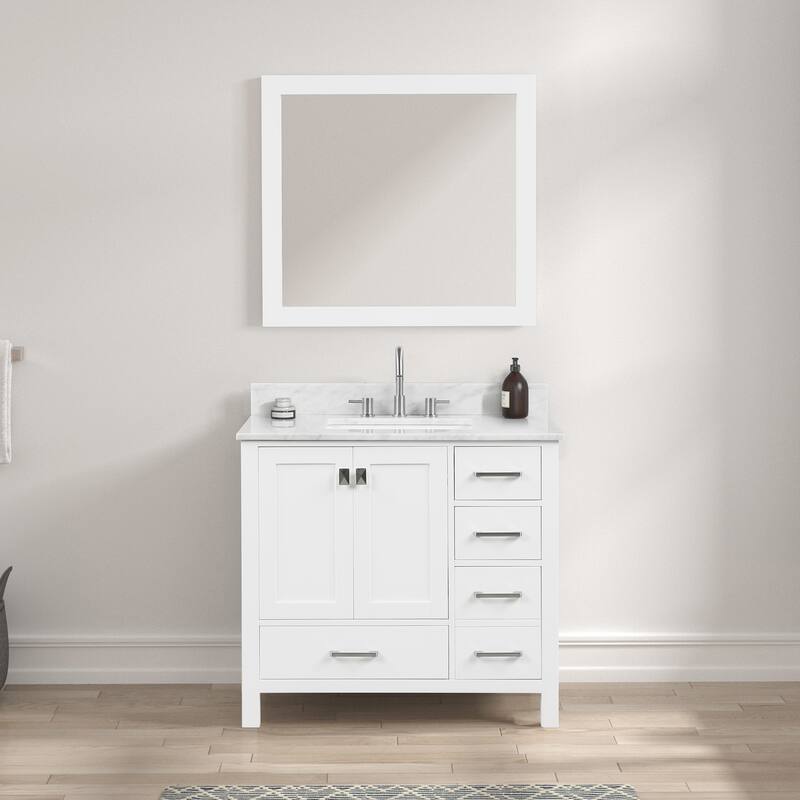36" Freestanding Bathroom Vanity with Marble Countertop, Undermount Sink with Mirror - Matte White