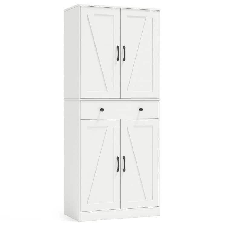 Farmhouse Pantry Cabinet with Barn Doors Tall Kitchen Storage Organizer with Adjustable Shelves - White
