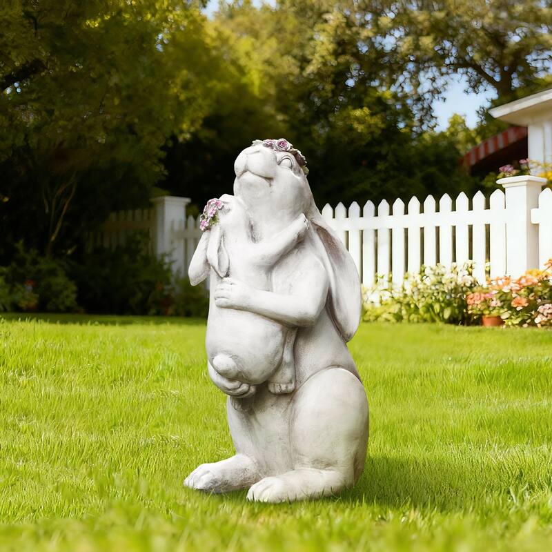 Glitzhome MGO Cute Sitting Bunny Hugging Mom and Baby Rabbit Garden Statue Indoor Outdoor Decoration - Mom and Baby Rabbit