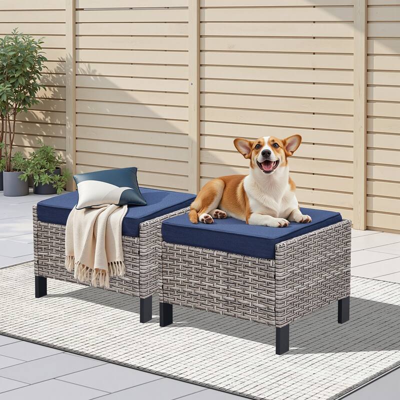 Pocassy Outdoor Wicker Sofa Glider Chair with Ottoman Set - Gray Wicker Blue Cushion - 2-Piece Ottoman with Cushion