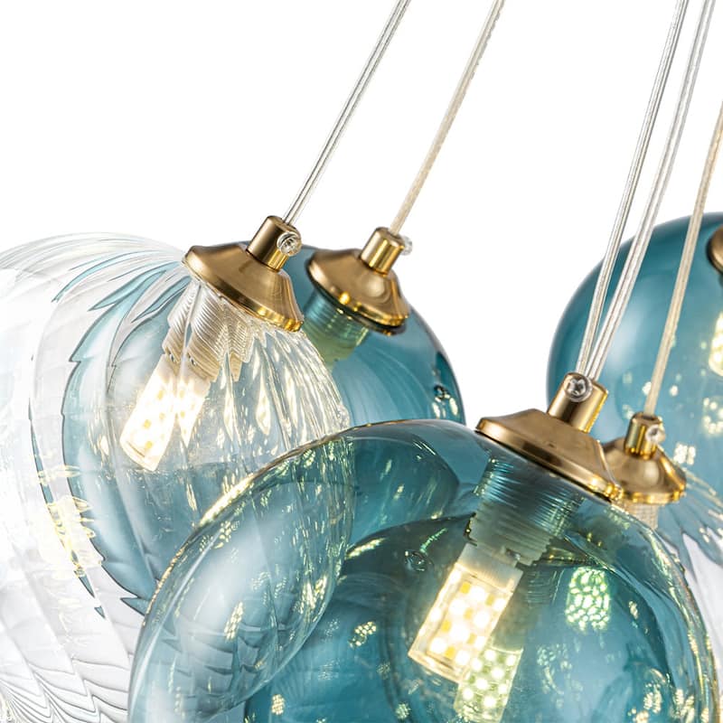 Stylish 16-Light Blue Tone Cluster Glass Bubble Chandelier