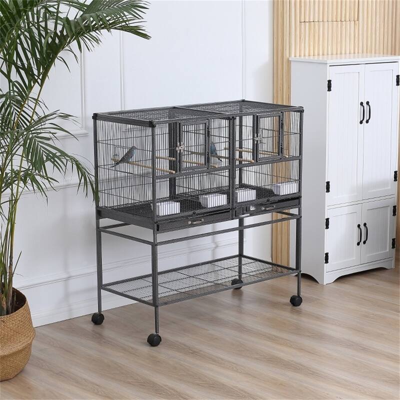 Large Metal Bird Cage with Wheels, Perches, and Food Containers - 37.5" L x 18" W x 40.25" H - Black