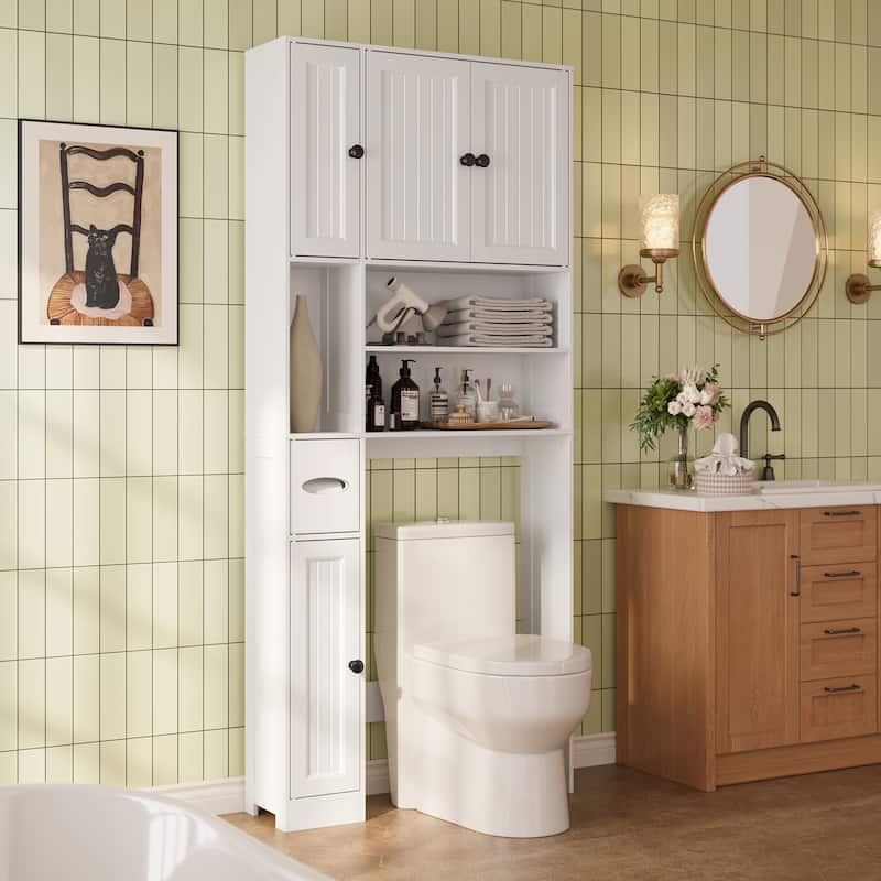 70" Freestanding Above Toilet Storage Cabinet, Adjustable Bathroom Shelving With Anti-Tip Devices - White - Wood Finish