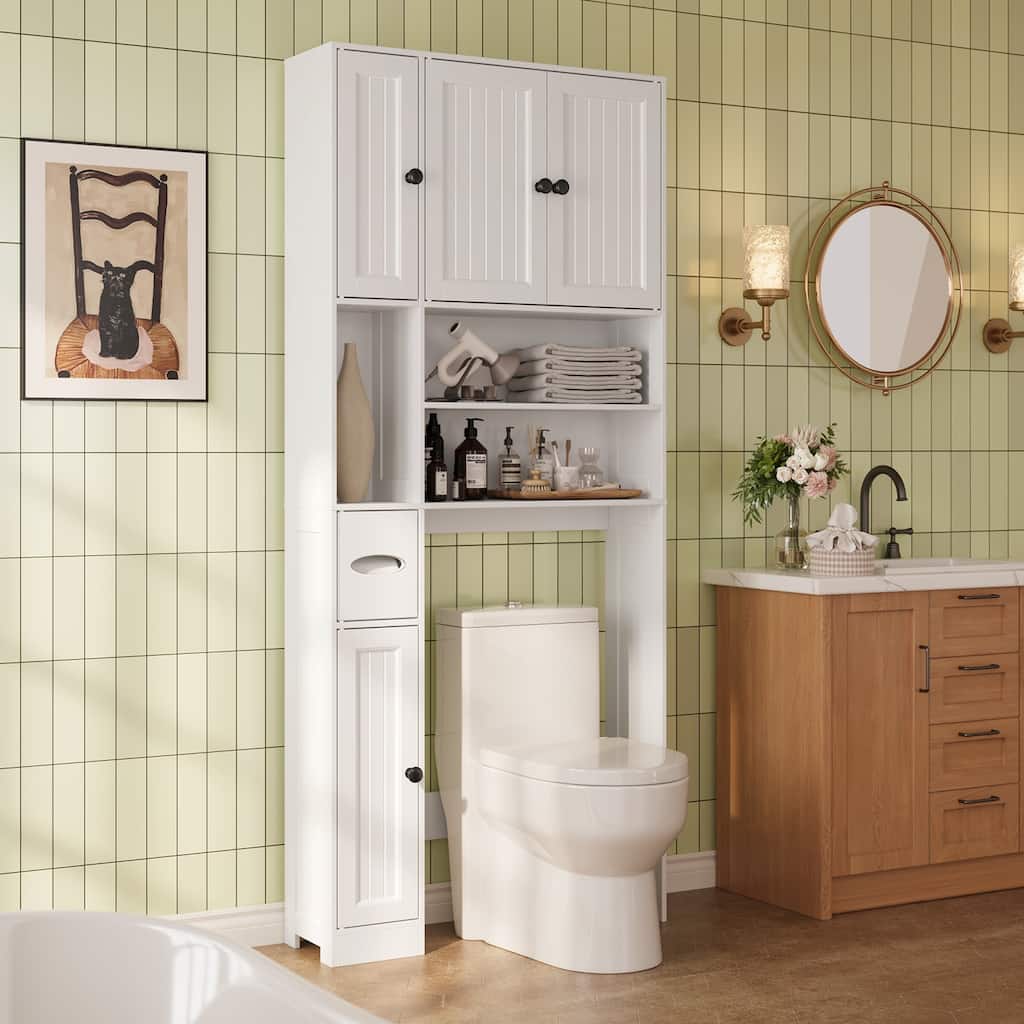 70" Freestanding Above Toilet Storage Cabinet, Adjustable Bathroom Shelving With Anti-Tip Devices
