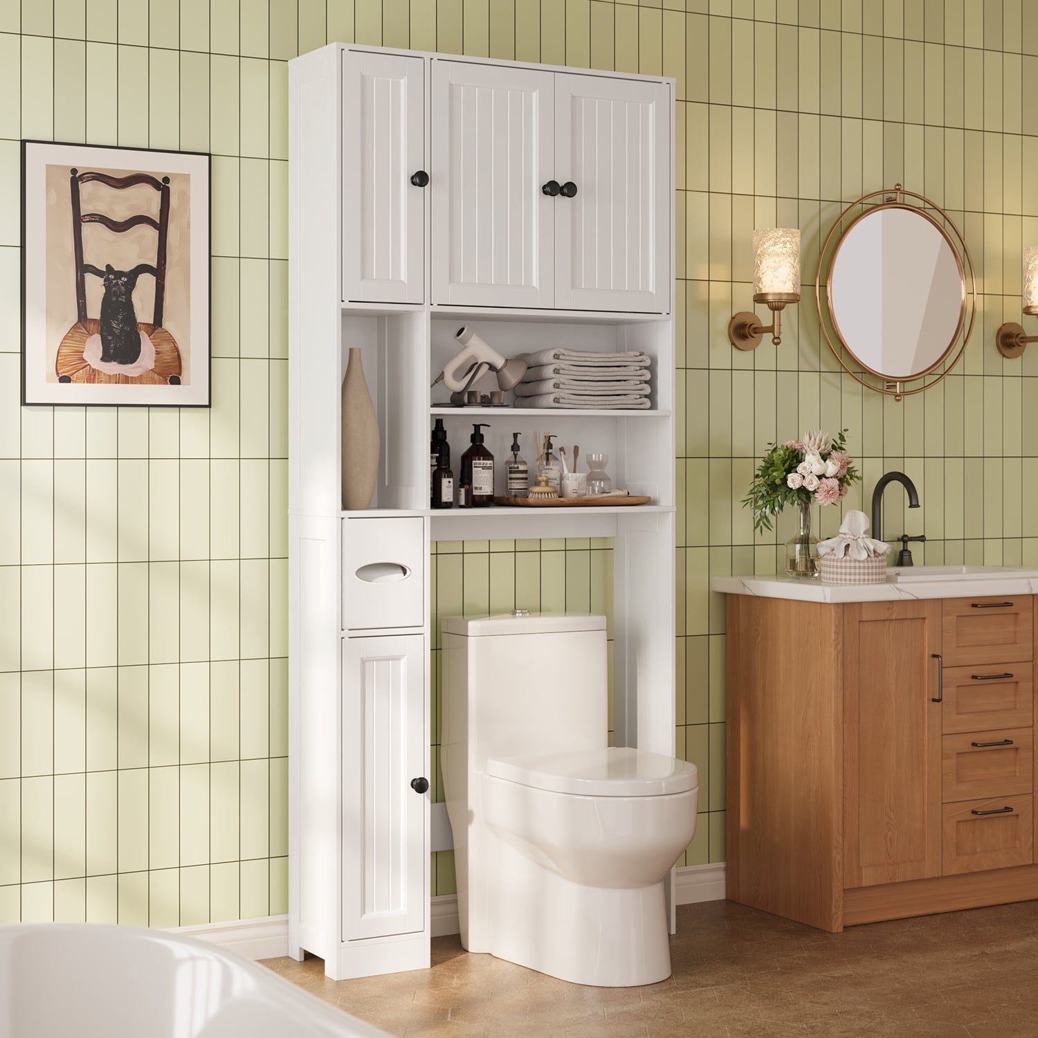 70" Freestanding Above Toilet Storage Cabinet, Adjustable Bathroom Shelving With Anti-Tip Devices