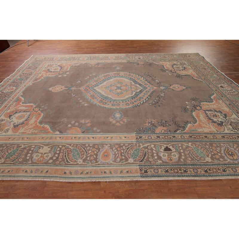 Brown Geometric Tabriz Vintage Persian Area Rug Handmade Wool Carpet - 9'4" x 12'5"