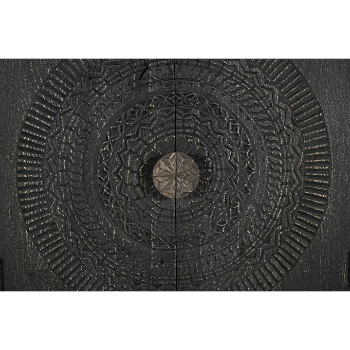 HomeRoots 95" Black Distressed Solid Wood Carved Geometric Sideboard with Six Doors - 95.00 in. x 37.00 in. x 15.50 in.