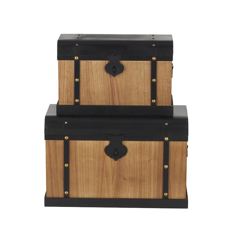 Wooden Storage Decorative Trunk with Black Metal Tops and Gold Studs - Set of 2 Brown - Roche River Decor