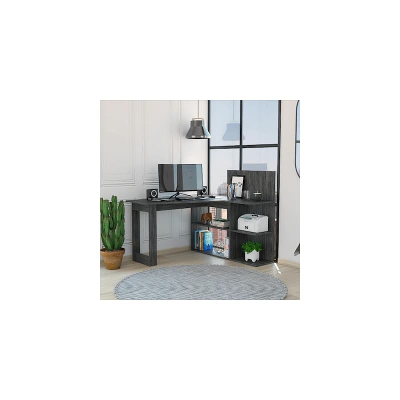 Kochi L-Shaped Desk - Gray Corner Computer Workstation with Storage Shelves