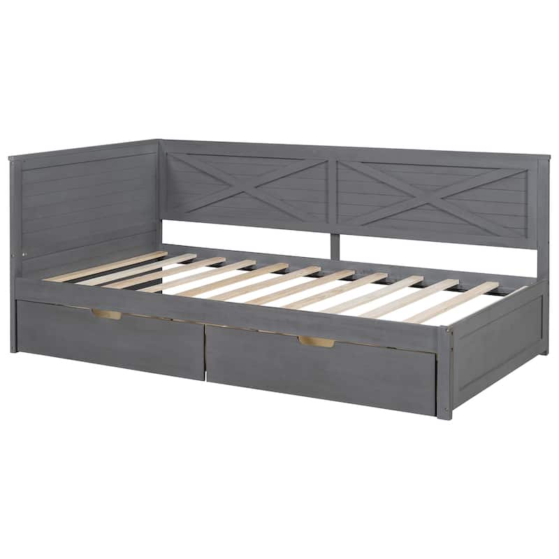 Grey Twin Size Wood Daybed with Two Drawers and Rustic Guardrail