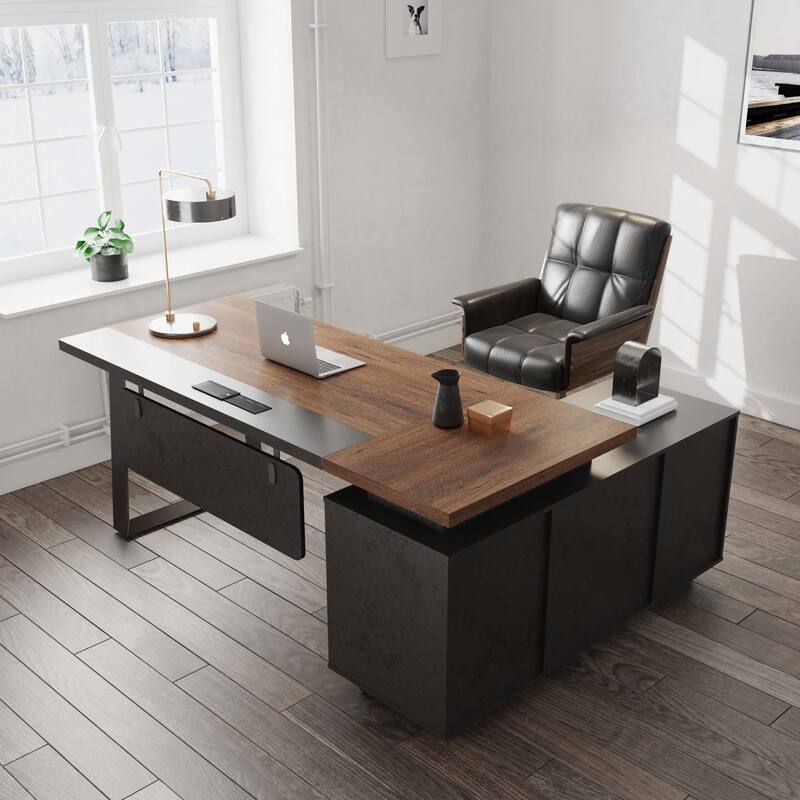 62.99" L-Shaped Executive Desk with Sliding Barn Door Storage Shelves Built-In USB Outlet - Left Return - Brown