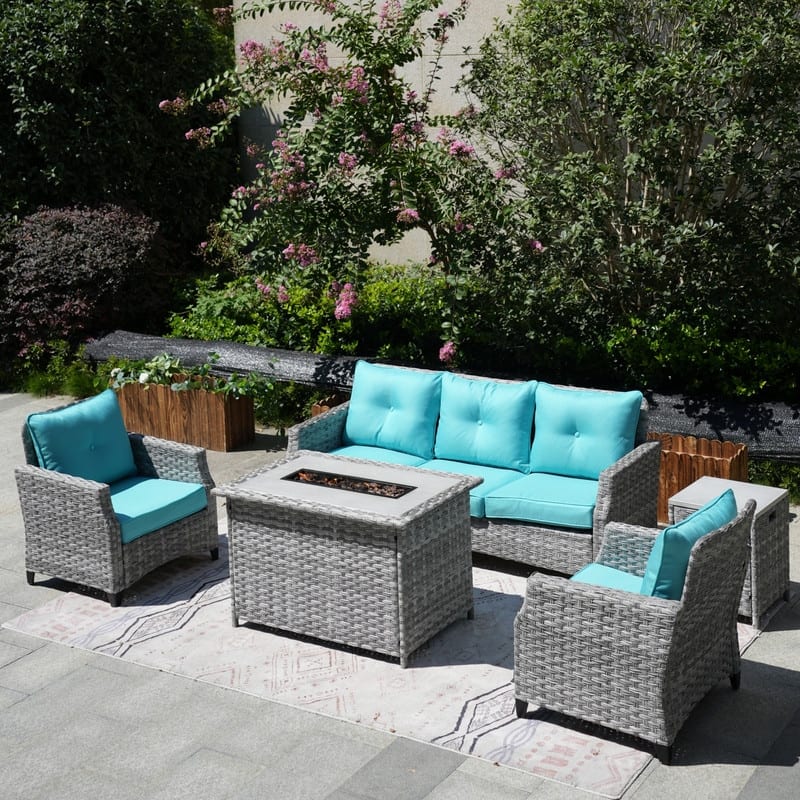 5-Piece Patio Wicker Sofa Set with Firepit Table and Rain cover