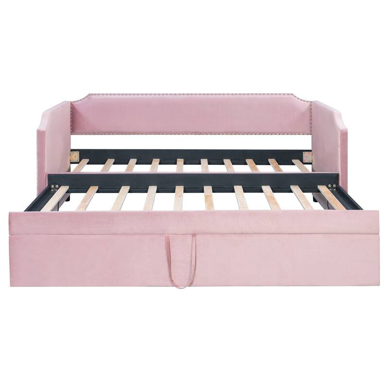Upholstered Daybed Twin Size Daybed with Pull-Out Lift-Up Trundle and Nailhead Trim Armrest Velvet for Bedroom Apartment