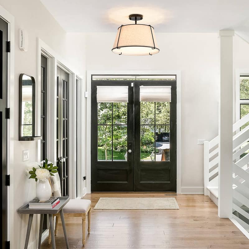 Brass 4-Light Wide Drum Linen Ceiling Light - 17in Mid-Century