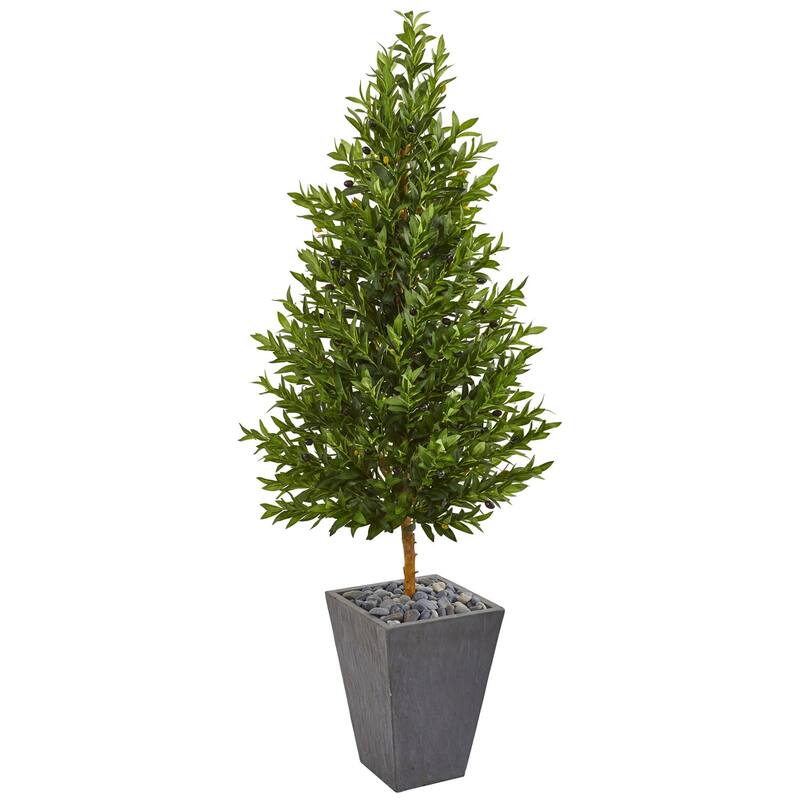Artificial Olive Tree Topiary Cone 67In. Indoor Outdoor Slate Planter Decor - Green - 61 Inches and Over
