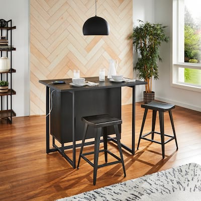Oyala Black Finish 2-door Kitchen Island with Power and USB outlets and 2 Stools by iNSPIRE Q Modern