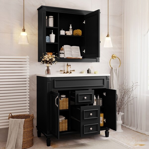 35'' Black Bathroom Vanity with Mirror Cabinet and Ceramic Sink