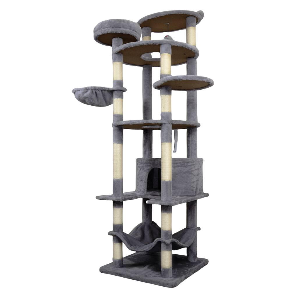 78.8 in Dark Gray Cat Tree Tower with Wide Base, 12 Sisal Scratching Post, Big Hammock,Many landing Perch and Interactive toy