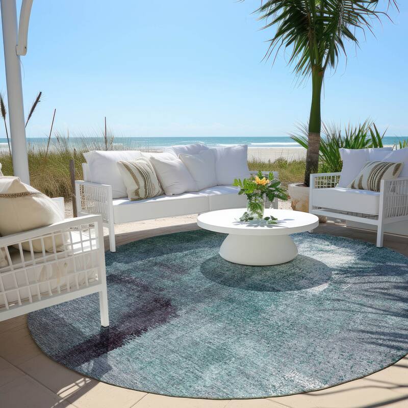 Machine Washable Indoor/ Outdoor Chantille Solid Ombre Rug - Teal - 8' x 8'