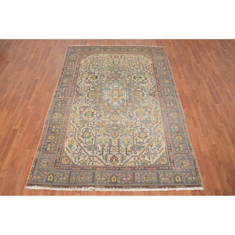 Hand Knotted Oriental 100% Wool Carpet Traditional Medallion Beige & Ivories Tabriz Area Rug - 9' 1'' X 6' 3''