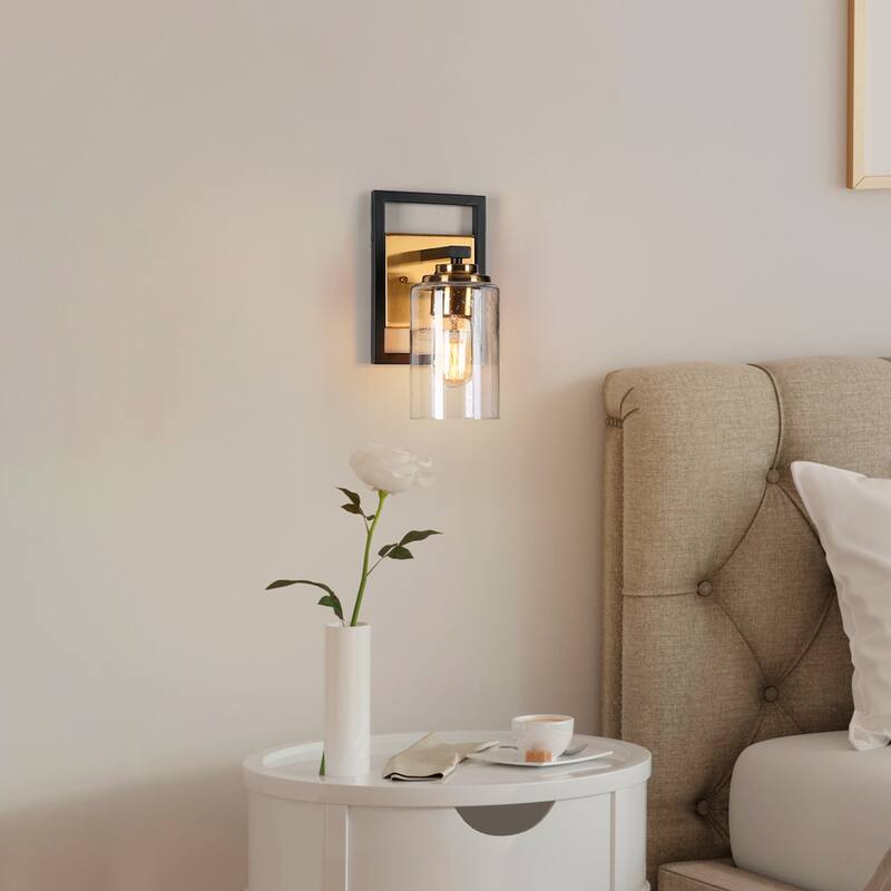 Modern Black Gold 1-Light Mini Bathroom Wall Sconce Seeded Glass Vanity Lights - 5.5" L x 6" W x 10" H