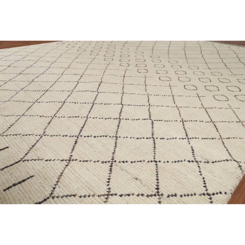 Ivory Trellis Moroccan Rug Hand-Knotted Striped Wool Carpet - 8'1"x 10'4"