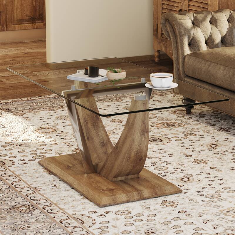 Modern Minimalist Transparent Tempered Glass Coffee Table With Wooden Mdf Legs - Transparent