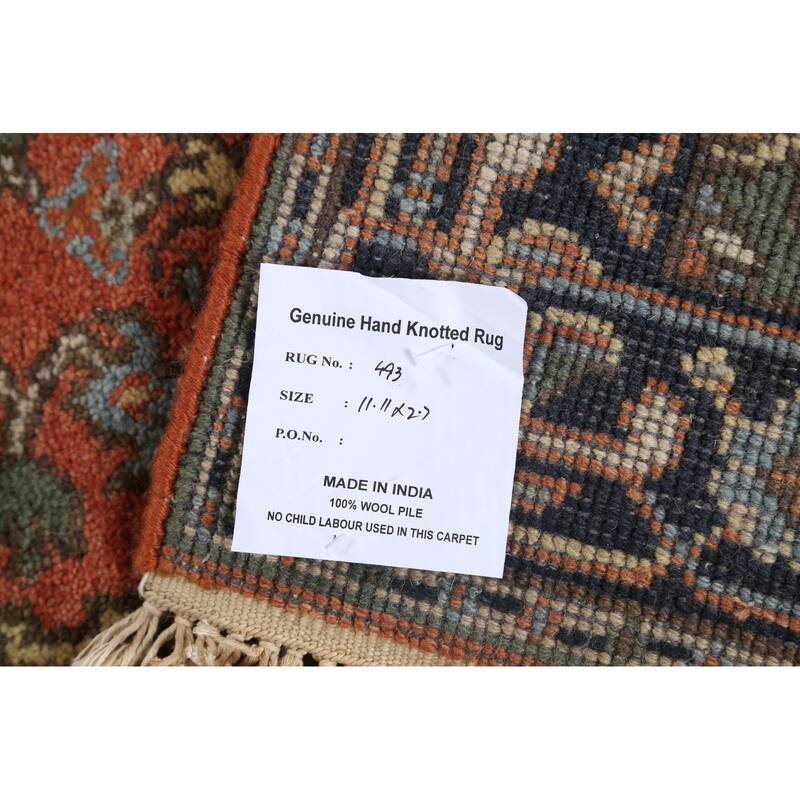 Hand Knotted Oriental 100% Wool Carpet Traditional Geometric Oranges & Rust Indo Heriz Serapi Runner Rug - 11' 11'' X 2' 7''