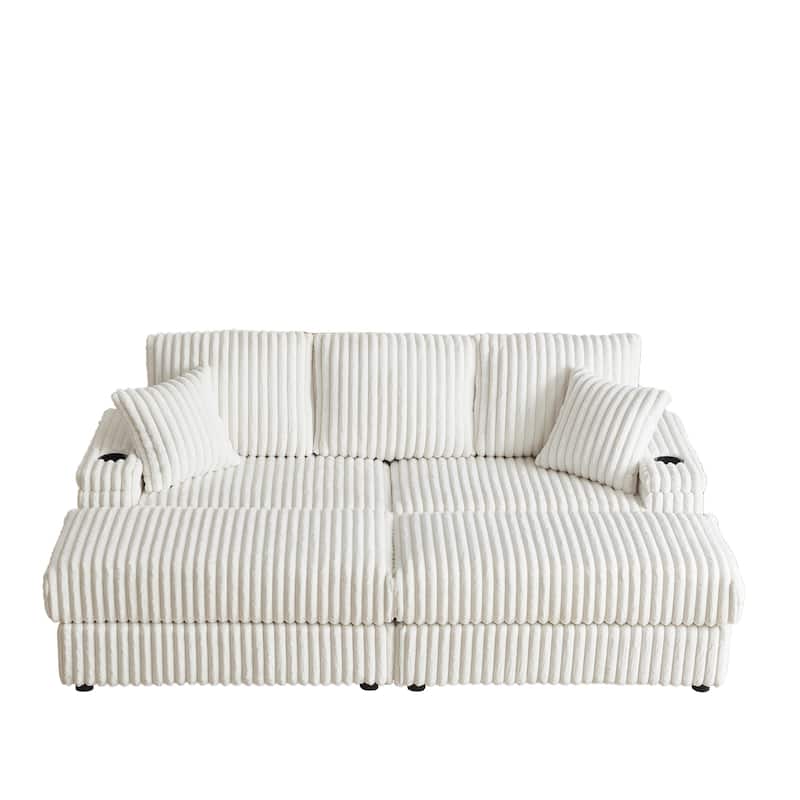 84" Corduroy 3-Seater Sofa with Storage, Ottoman and Cup Holders, Includes 5 Pillows