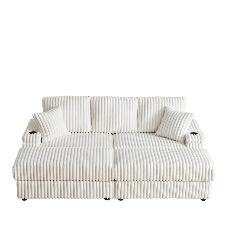 Corduroy Sectional Loveseat Sofa with 2 Ottomans Chaise Lounge, 2 Toss Pillows, 2 Arm Storage and 2 Cup-holding for Living Room