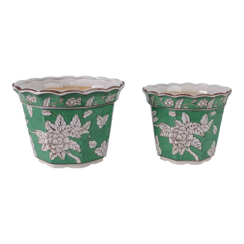 Ceramic Planters Embossed Bird Floral Detailing Scalloped (Set of 2) - 12.25" x 12.25" x 9.5"