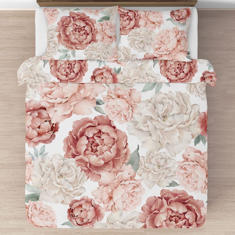 Boho Shabby Chic Floral Girl Full/Queen Comforter Set Ivory Bohemian Vintage Garden Watercolor Flower Nature Elegant Dusty Rose