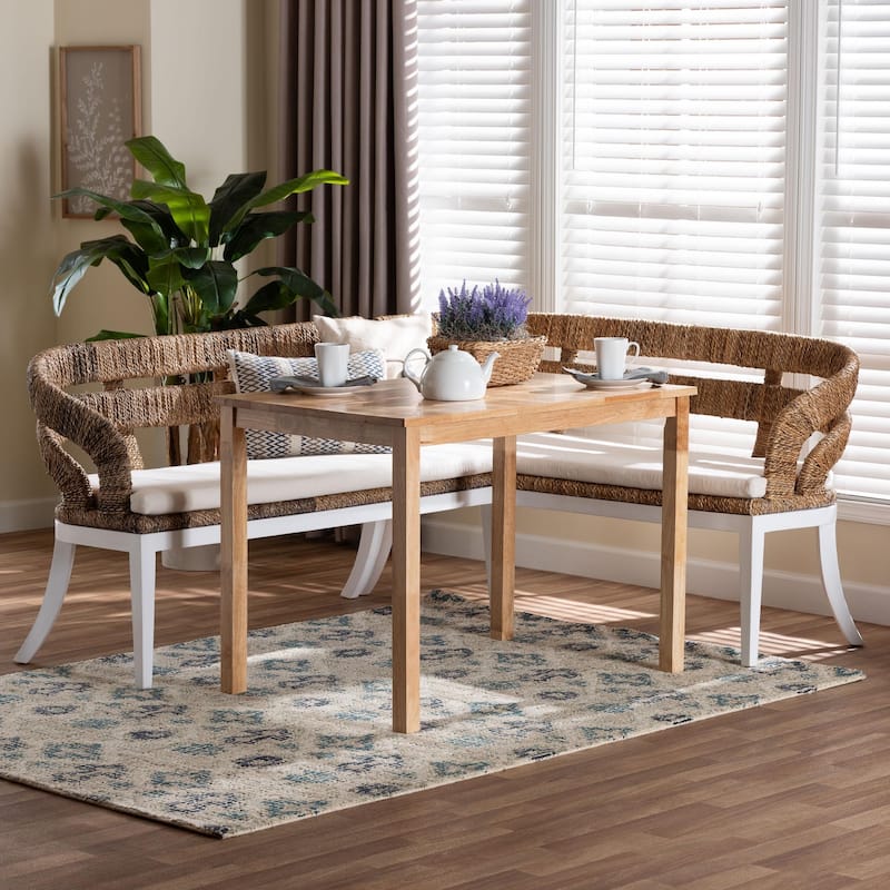 Ubud Seagrass Dining Nook Set with Wood Table - Coastal Farmhouse Breakfast Furniture Set