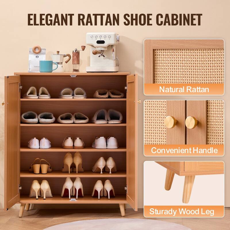 5 Tier Rattan Shoe Cabinet with Adjustable Shelves for Entryway Closet - 31.50 x 13.39 x 40.35 inches