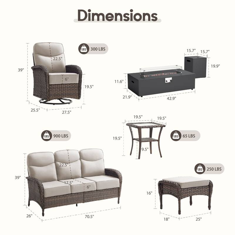 Luna 10-Piece Wicker Outdoor Patio Fire Pit Sofa Set with 6-Inch Thick Cushions