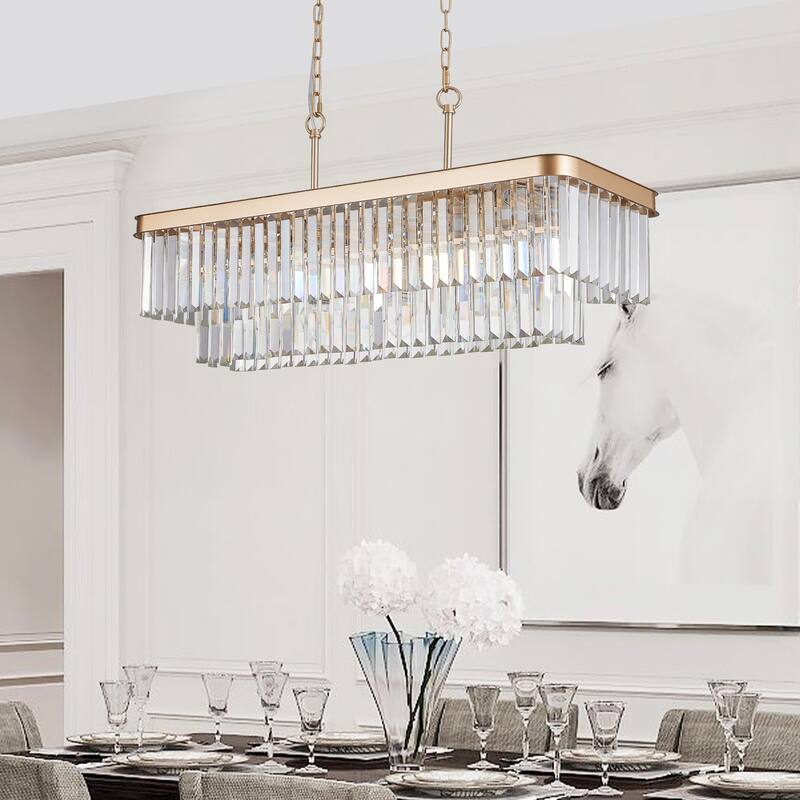 Chandeliers,Rectangular Crystal Chandelier Adjustable,Farmhouse Iron Ceiling Hanging Light(Bulb Not Included)