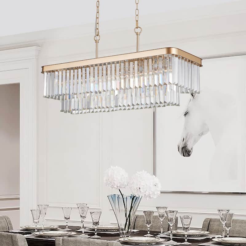Rectangular Crystal Chandelier Adjustable,E12 Modern Industrial Crystal Lights, (Bulb Not Included) - Gold